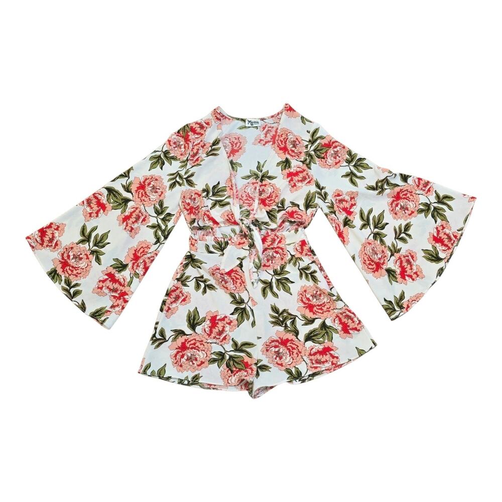 Show Me Your Mumu Floral Romper Bell Sleeve Front Tie Cutout Boho Resort Medium